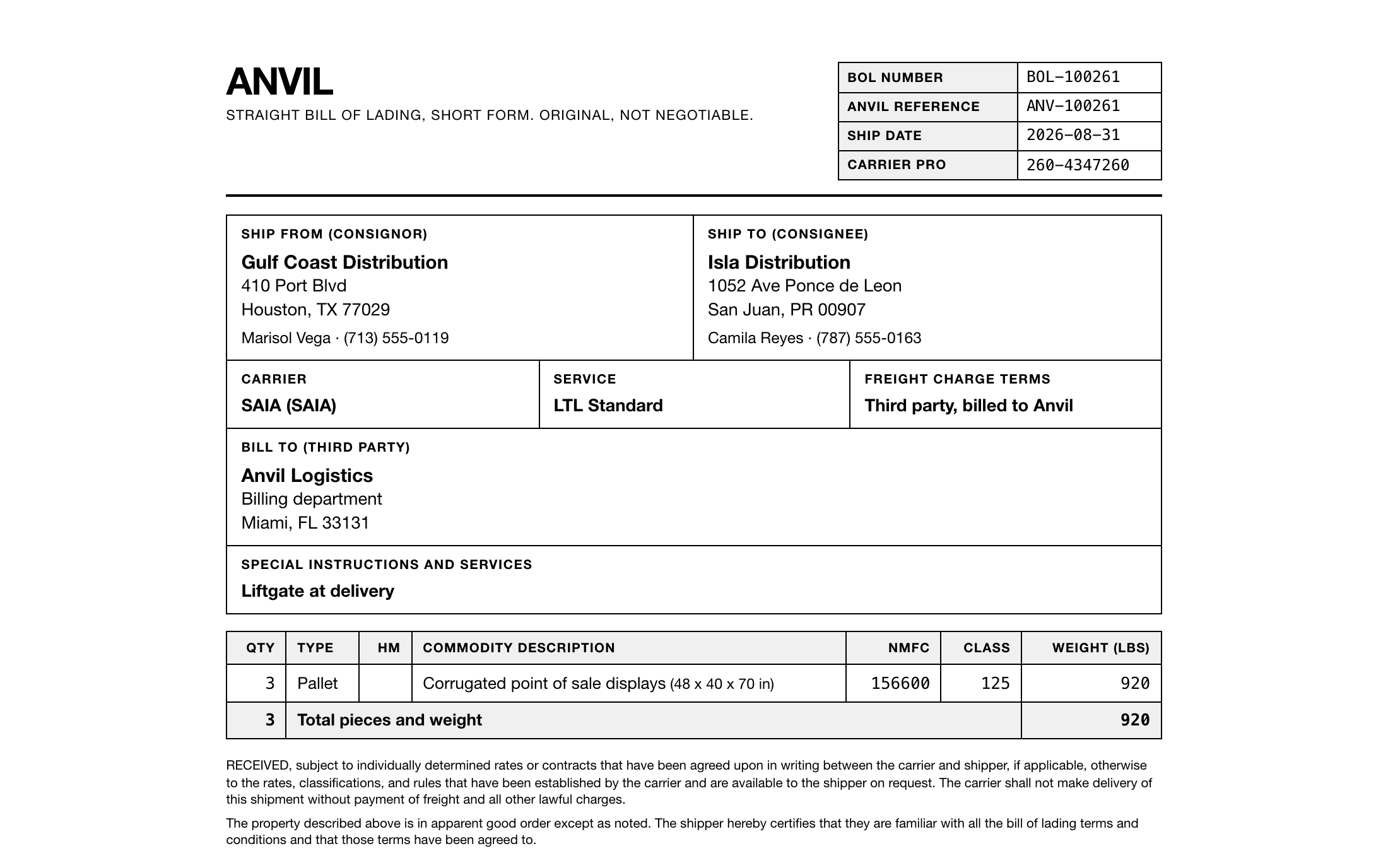 A straight bill of lading with the shipper, consignee, carrier, freight charge terms and the commodity line with its NMFC code, class and weight already filled in.